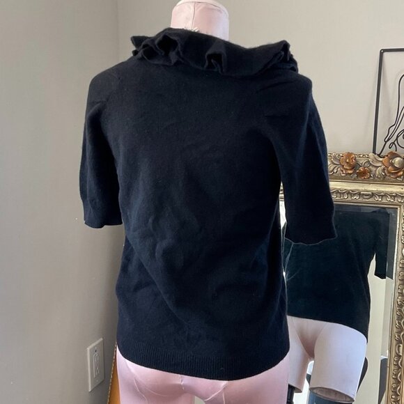 Magaschoni Pullover Ruffle V-Neck Cashmere Sweater Short Sleeve Sz M Black - Picture 2 of 2